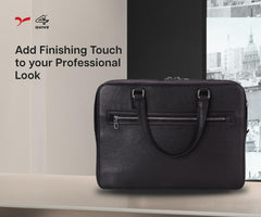 A black premium calf hand made leather laptop bag with a handle and a shoulder strap, featuring a sleek design and multiple compartments.