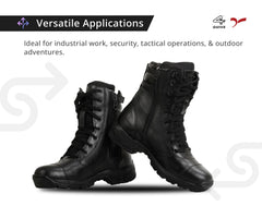 A pair of black leather mid-calf combat boots designed for men.