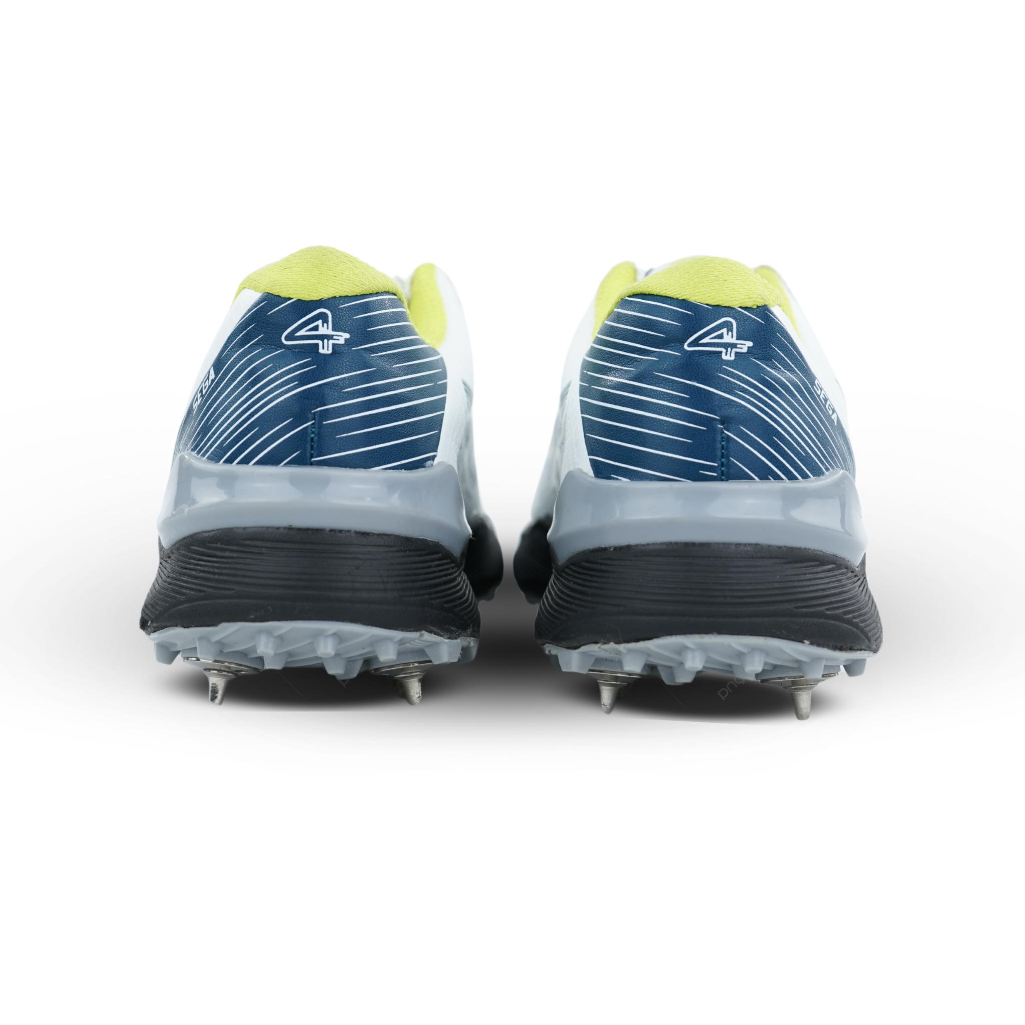 White cricket shoes with blue and black accents on a white background