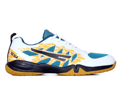 A pair of white QUIVE SEGA RP24 badminton squash court trainers with black accents and a textured sole.