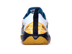 A pair of white QUIVE SEGA RP24 badminton squash court trainers with black accents and a textured sole.