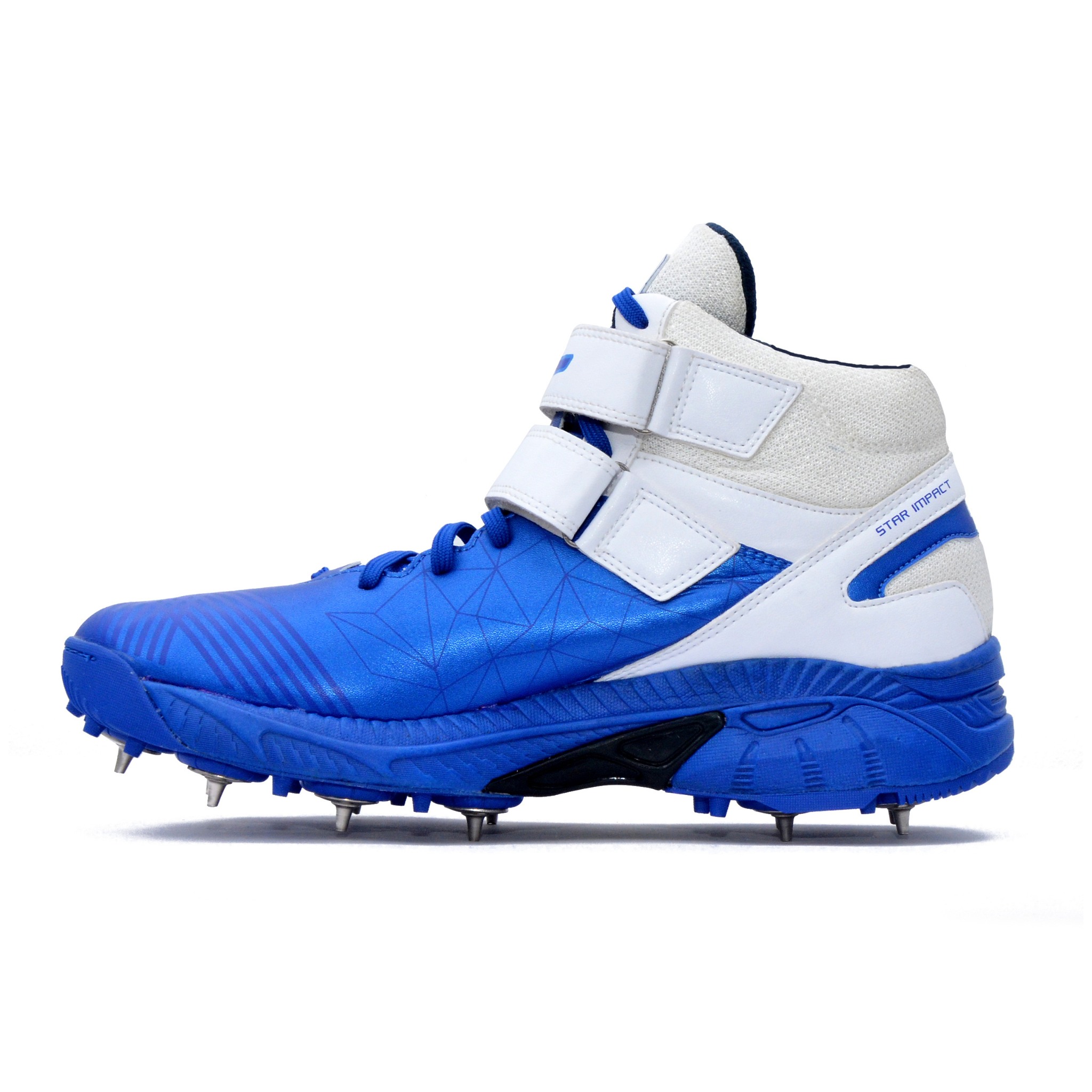 A pair of blue, and white cricket bowling shoes with metal spikes and an external strap for support.