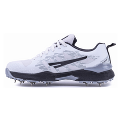 A pair of Sega Freedom men's cricket shoes featuring durable metal spikes and a white low-profile design with black accents.