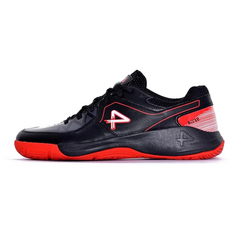 Black sports shoe with red accents on a white background, badminton, squash, tennis, table tennis