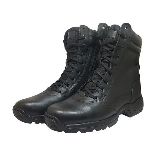 A pair of Black leather ankle boots with a lace-up closure and a rubber sole.