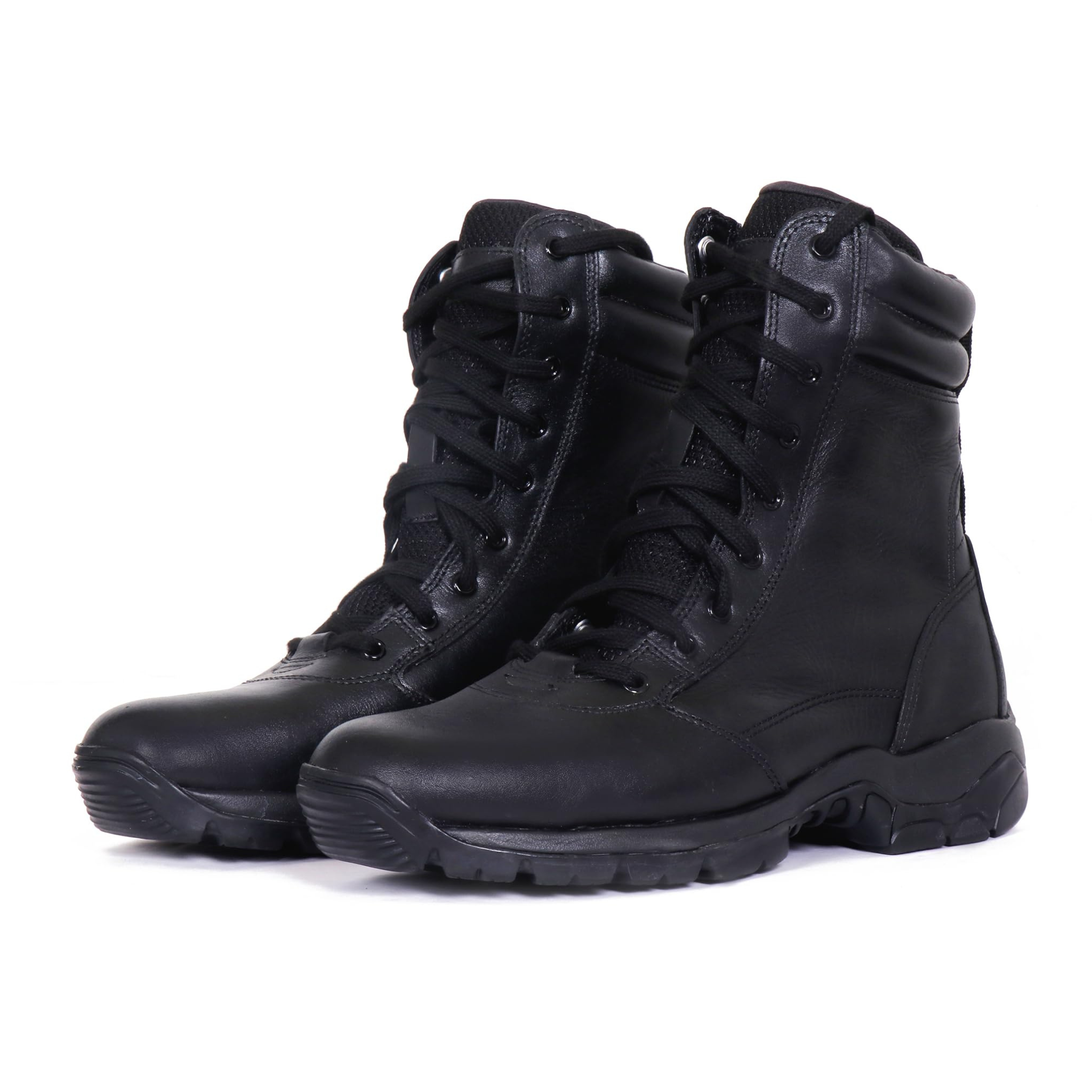 A pair of black mid-calf leather combat boots with lace-up closure and a sole designed for off-road and tactical use.