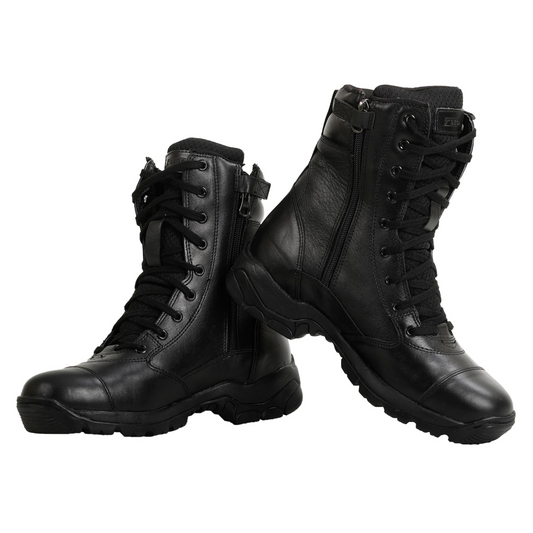 A pair of black leather mid-calf combat boots designed for men.