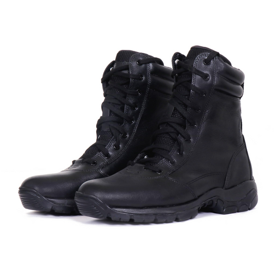 A pair of black mid-calf leather combat boots with lace-up closure and a sole designed for off-road and tactical use.