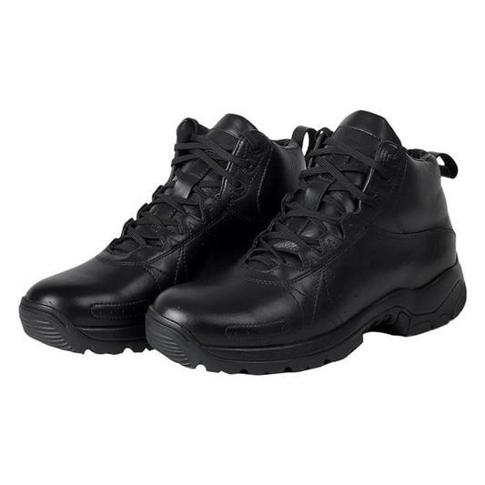 A pair of black leather military boots with a lace-up closure and a rubber sole.