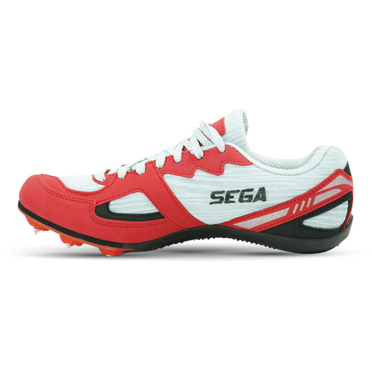 A pair of Sega Endurance metal running spikes for track and field, featuring a white and red color scheme with black accents, and detachable spikes on the sole.