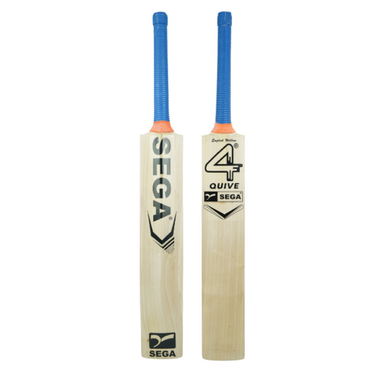 A pair of Sega English Willow cricket bats with blue grip handles, one with the Sega logo visible, and the other displaying the text '4' indicating the model number.