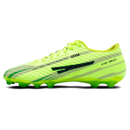 Bright green soccer cleat football boots with black accents on a white background