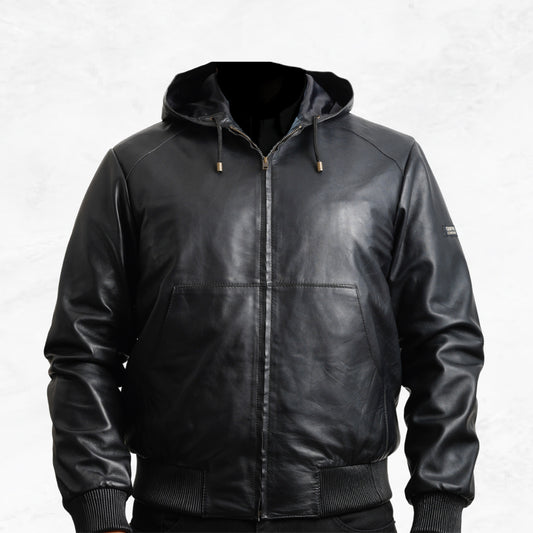 Black leather jacket with a hood made with sheepskin premium quality
