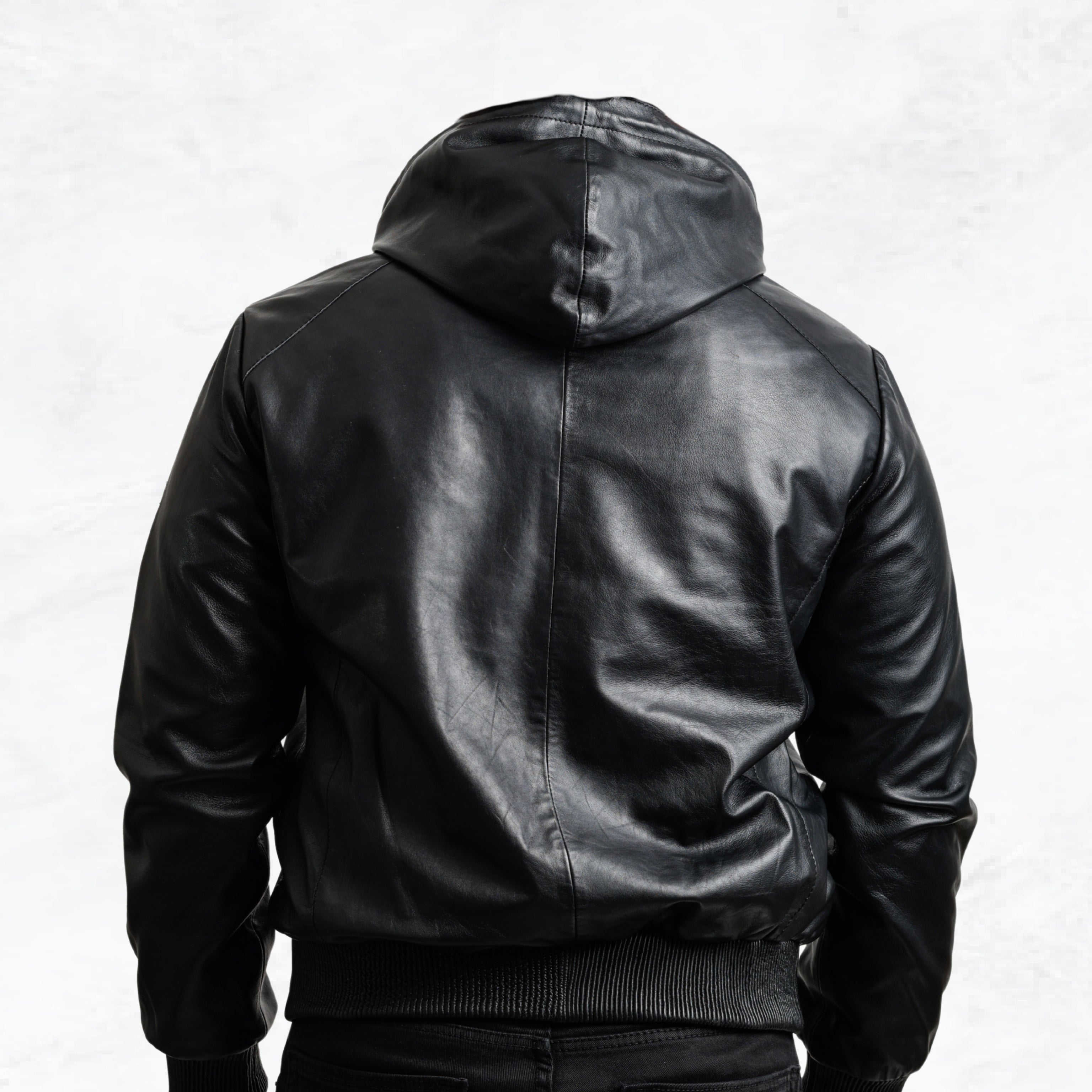 Black leather jacket with a hood made with sheepskin premium quality