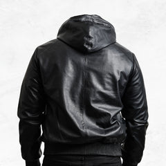 Black leather jacket with a hood made with sheepskin premium quality