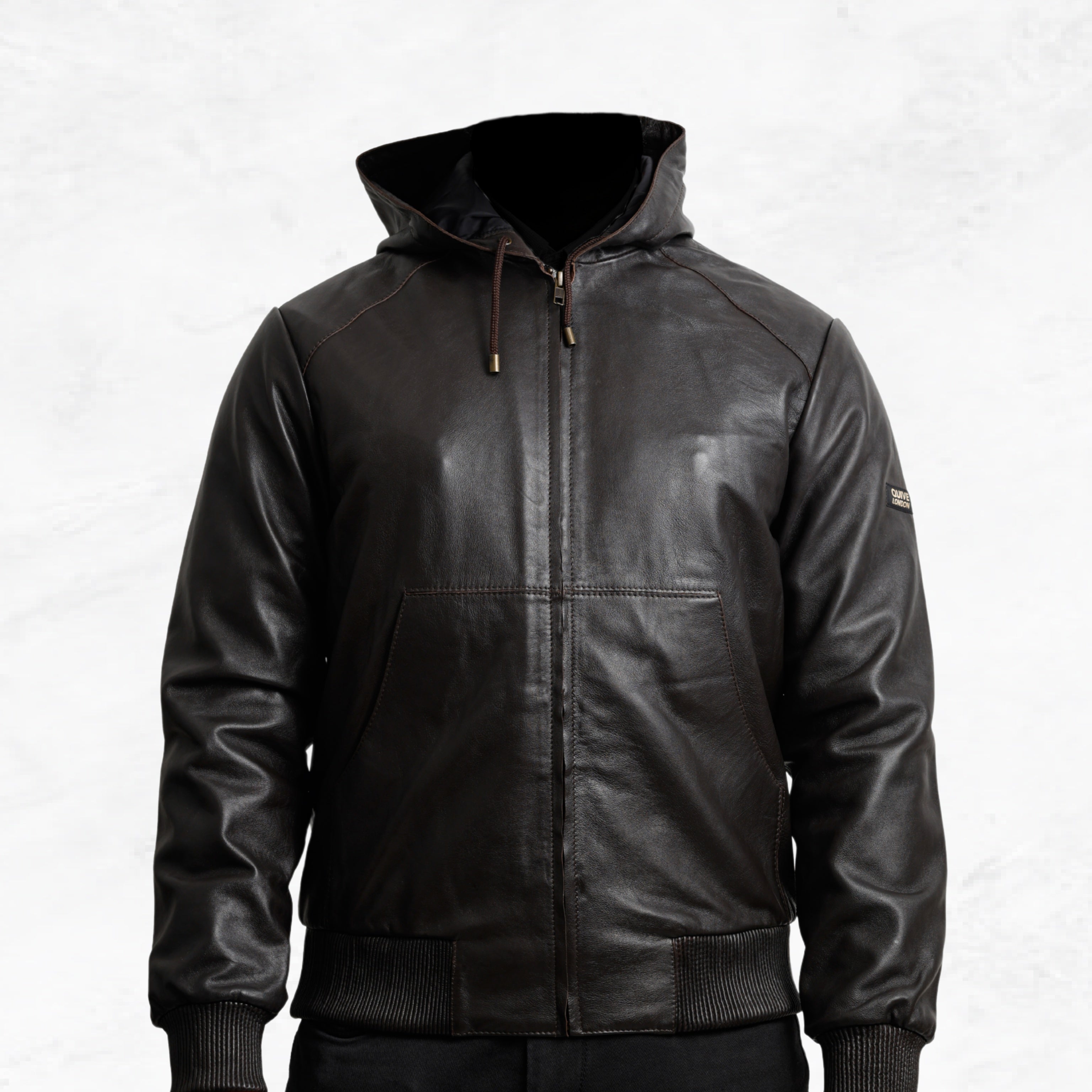 Brown leather jacket with a hood made with sheepskin premium quality