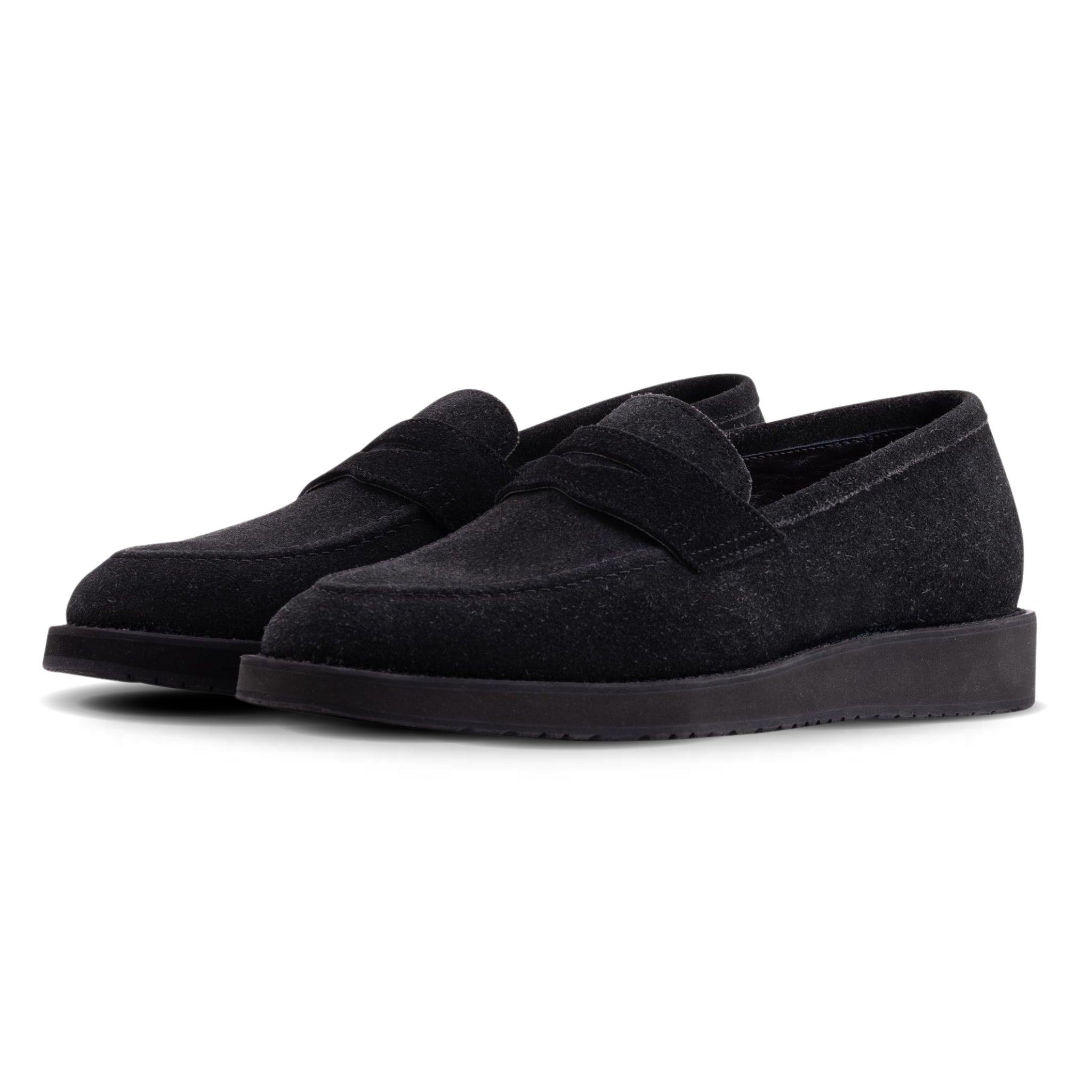 Pair of black loafers on a white background