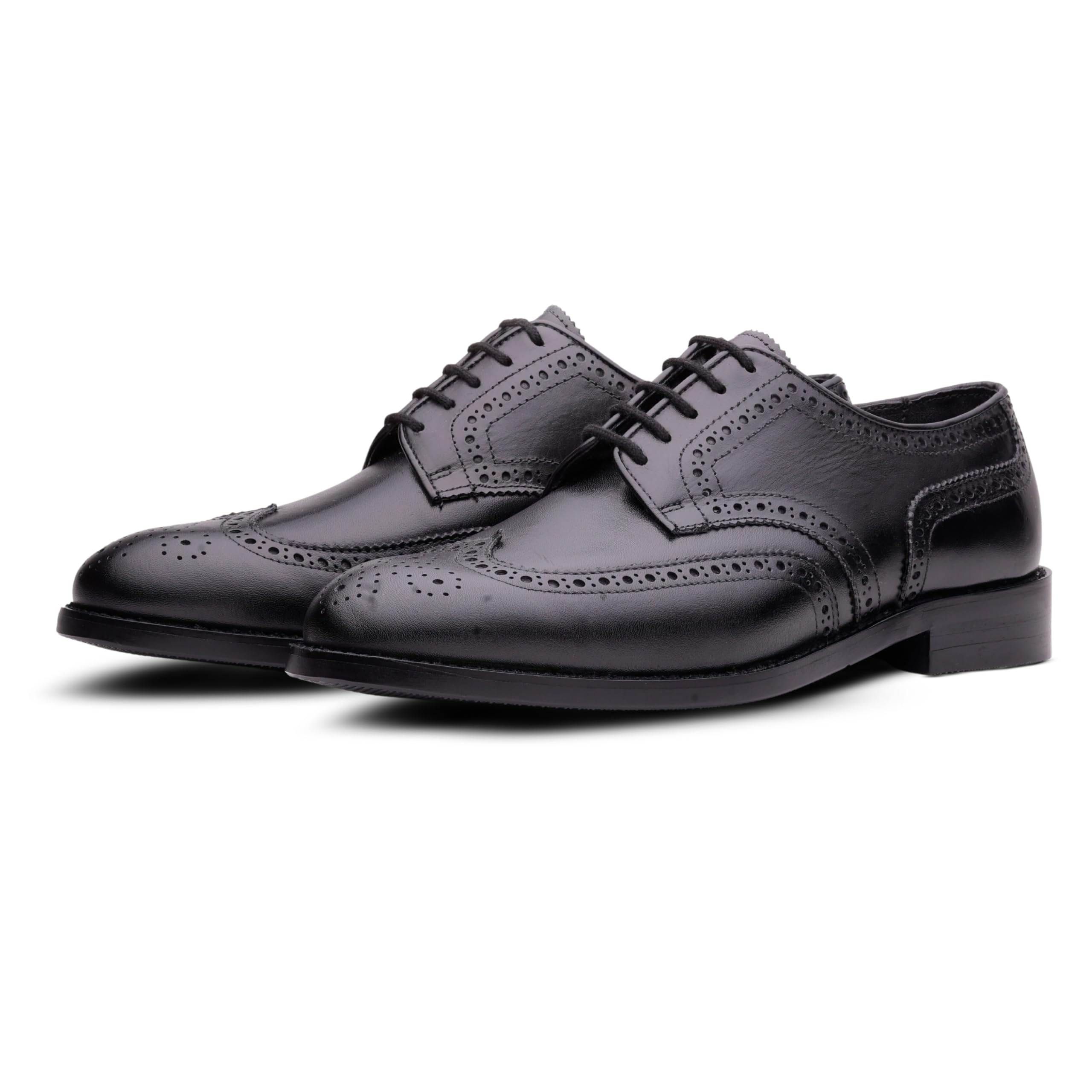 Pair of black leather oxford work and dress shoes on a white background