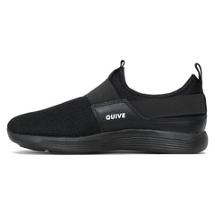 A pair of black Quive running and walking slip-on shoes with a non-marking outsole, designed for men and women.