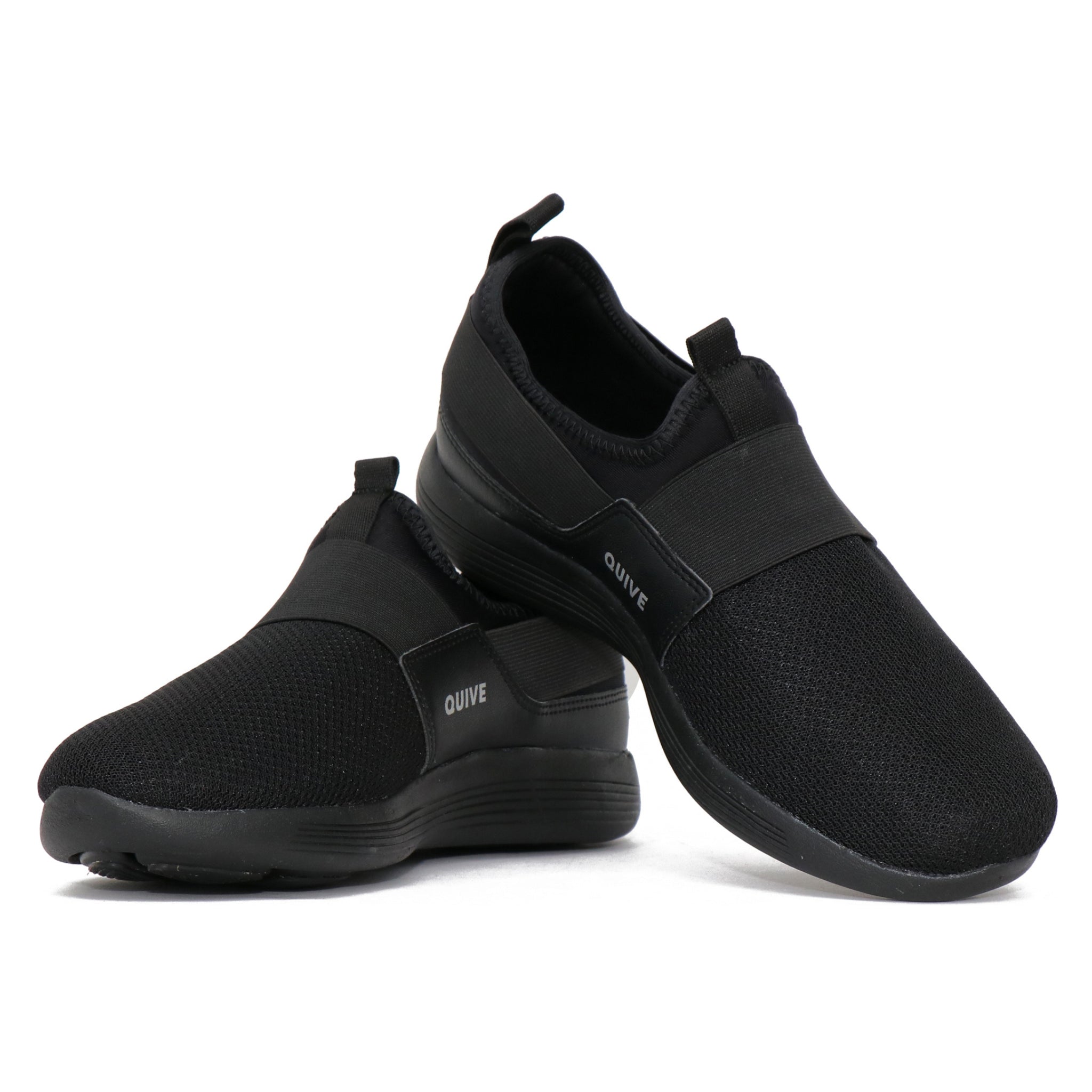 A pair of black Quive running and walking slip-on shoes with a non-marking outsole, designed for men and women.