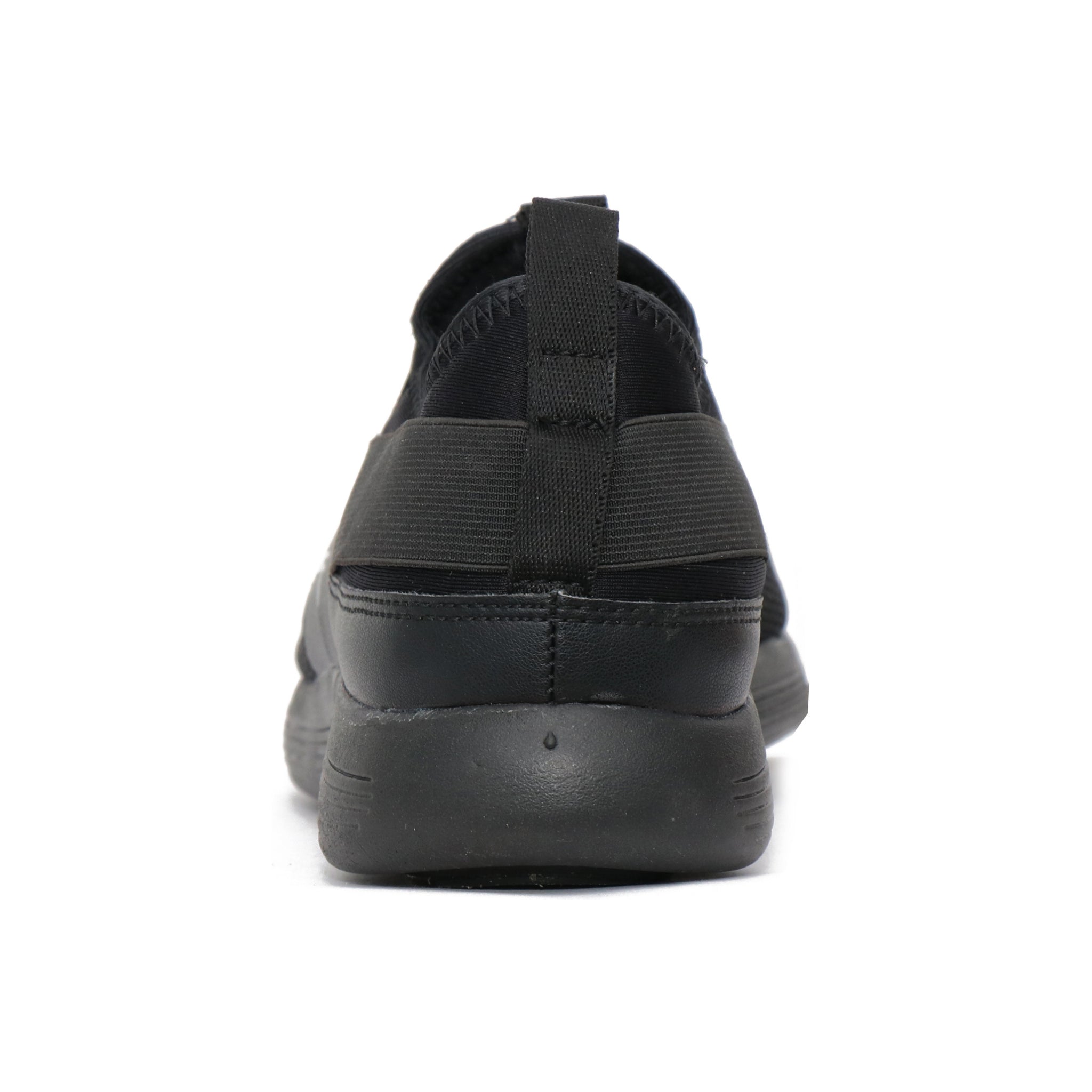 A pair of black Quive running and walking slip-on shoes with a non-marking outsole, designed for men and women.