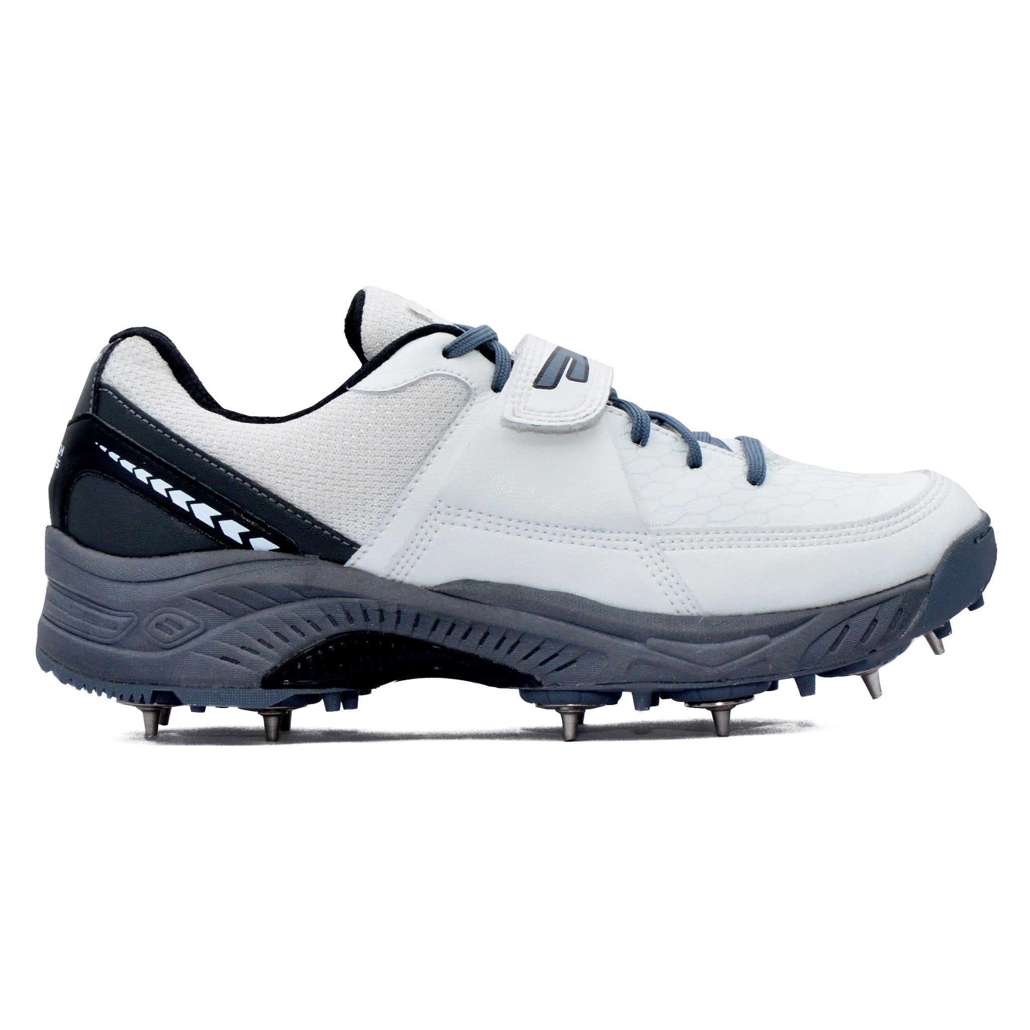 White and gray cricket sports shoes with cleats on a white background