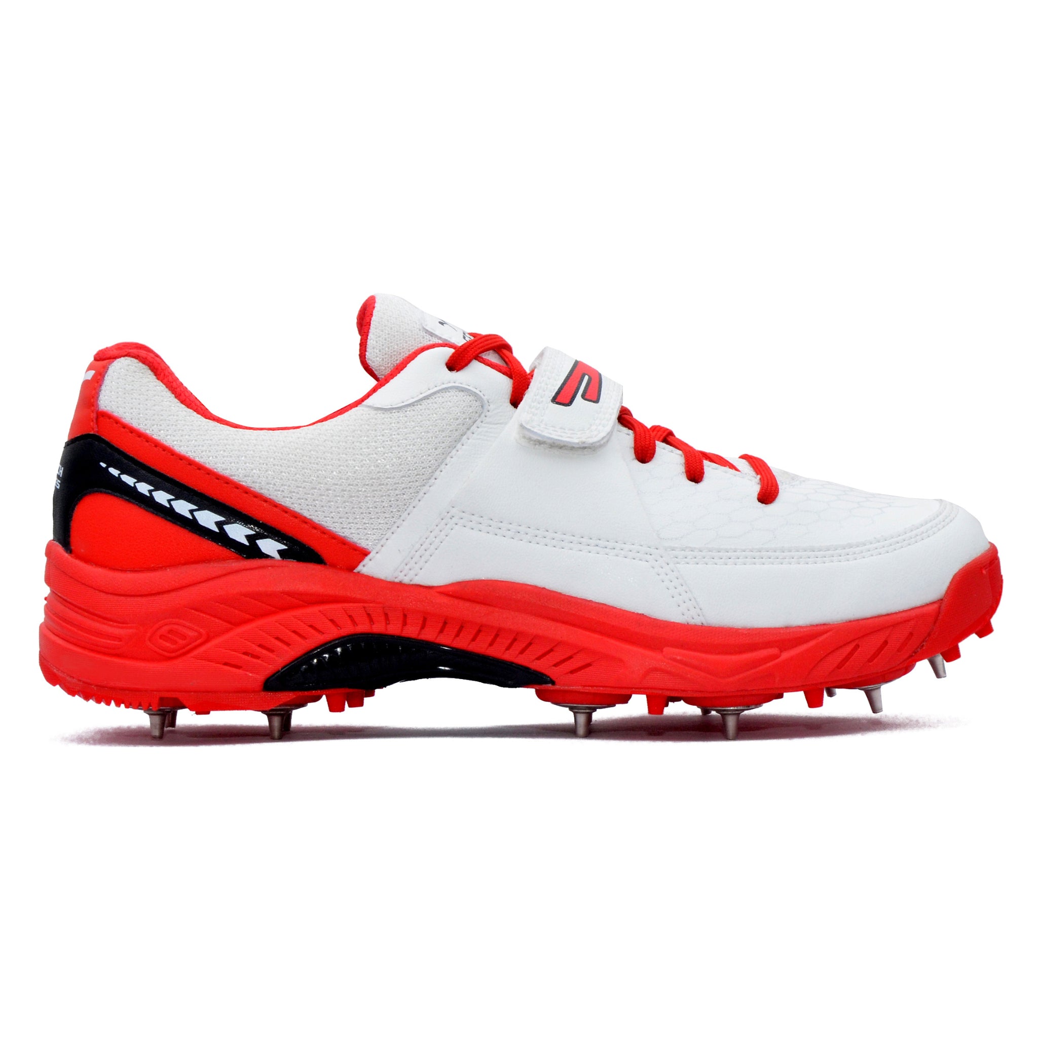 White and Red cricket sports shoes with cleats on a white background