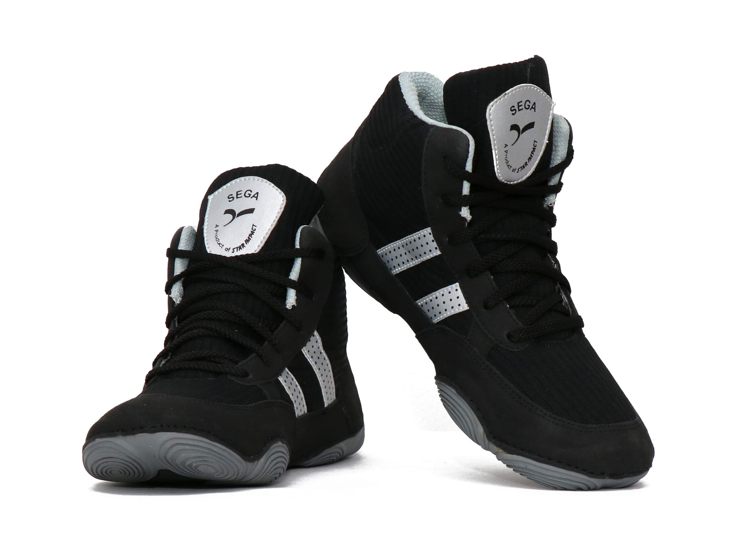 Black high-top boxing sneaker with white stripes on a white background