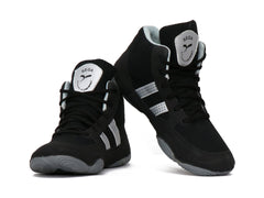Black high-top boxing sneaker with white stripes on a white background