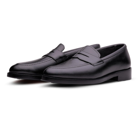 Pair of black loafers on a white background