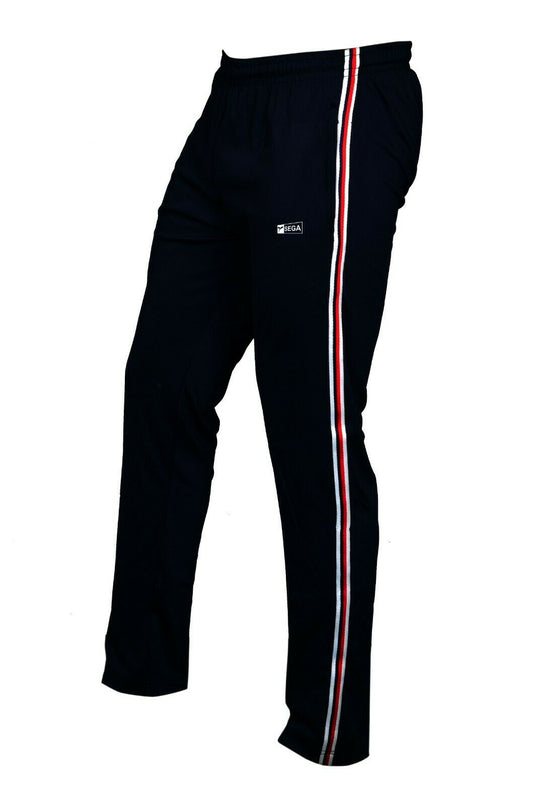 tracksuit bottoms, joggers, men's clothing, fashion, sale, SEGA, black, clothes for men, summer 2020 collection, cheap tracksuit, bottoms, lower, joggers, cotton, fabric, sports, image is front facing left of black and red striped tracksuit bottoms, red, striped, leisurewear