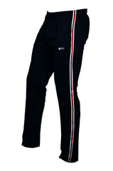 tracksuit bottoms, joggers, men's clothing, fashion, sale, SEGA, black, clothes for men, summer 2020 collection, cheap tracksuit, bottoms, lower, joggers, cotton, fabric, sports, image is front facing left of black and red striped tracksuit bottoms, red, striped, leisurewear