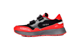 red, black, two toned, kids, children, boys shoes, children's shoes, children's trainers, kids shoes, kids trainers, for kids, for trainers, for kids, multicoloured, multicolored, SEGA SHOES, SEGA SPORTS, SEGA ACTIVE , Image of SEGA Active in its red & black variation facing left of the camera,