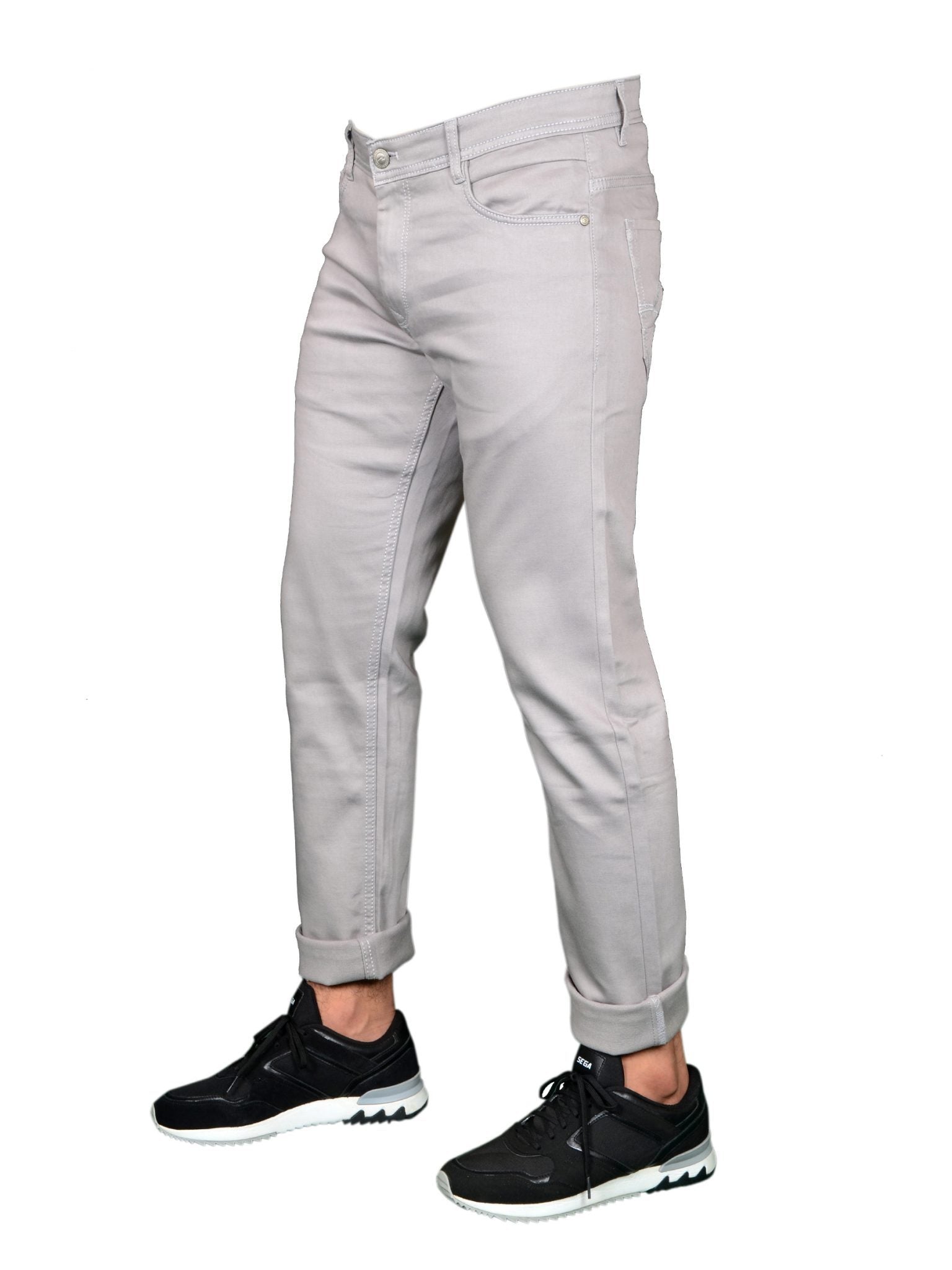 Men's clothing, men's jeans, Italian denim, size 30, 32, 34, 36, 40, men's fashion, reg fit, regular, stretch, skinny fit, image front facing left, with nike trainers, burk hedges jeans, sega jeans, uk supplier, uk store, birmingham clothes store, clothing based in birmingham, nk31, distressed, dark grey jeans, grey jeans, denim jeans