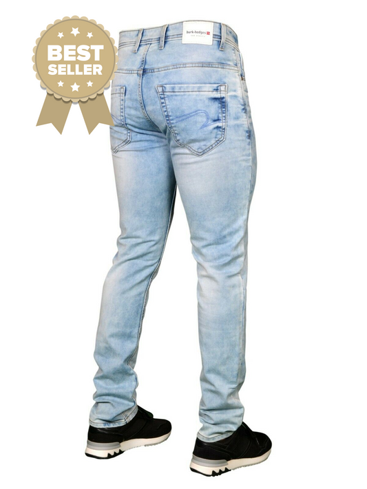 Men's clothing, men's jeans, Italian denim, size 30, 32, 34, 36, 40, men's fashion, reg fit, regular, stretch, skinny fit, image from back, with sega trainers, burk hedges jeans, sega jeans, uk supplier, uk store, birmingham clothes store, clothing based in birmingham, light blue jeans, faded, distressed, retro,