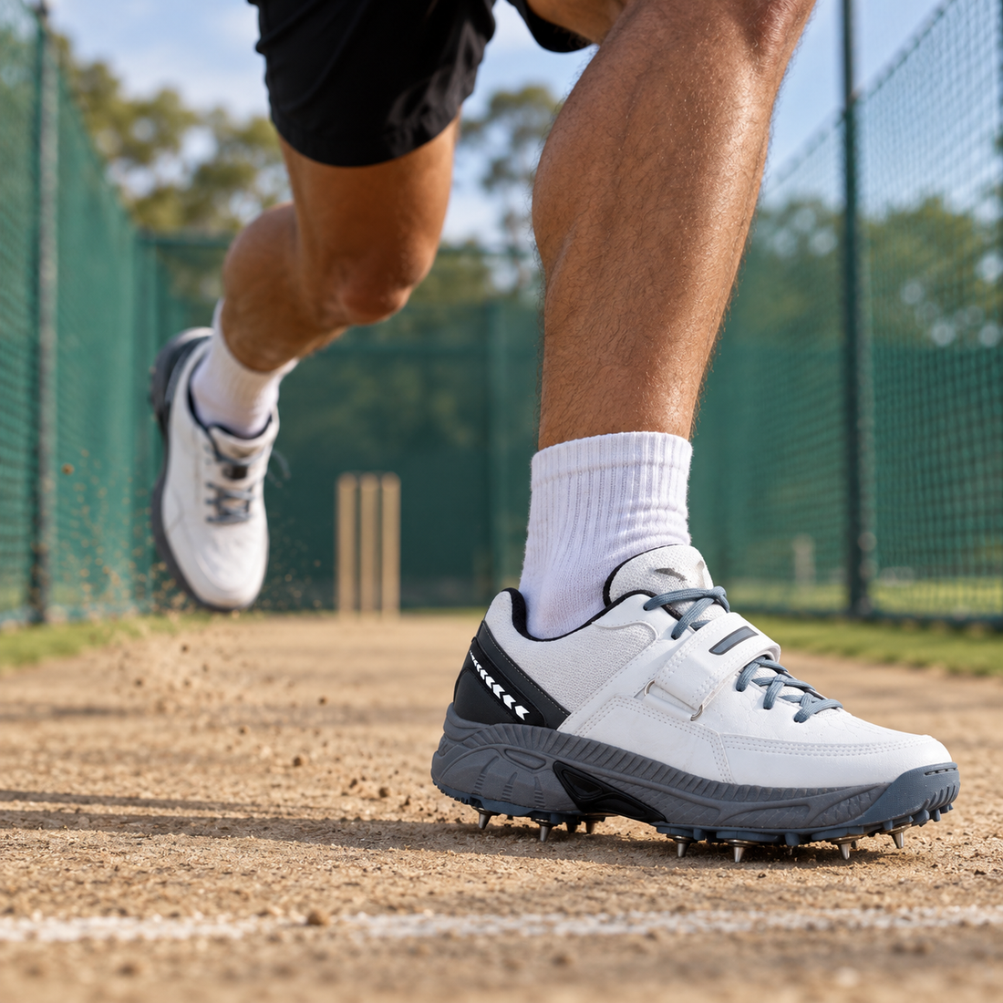 White and grey cricket shoes with metal spikes during a bowling run-up
