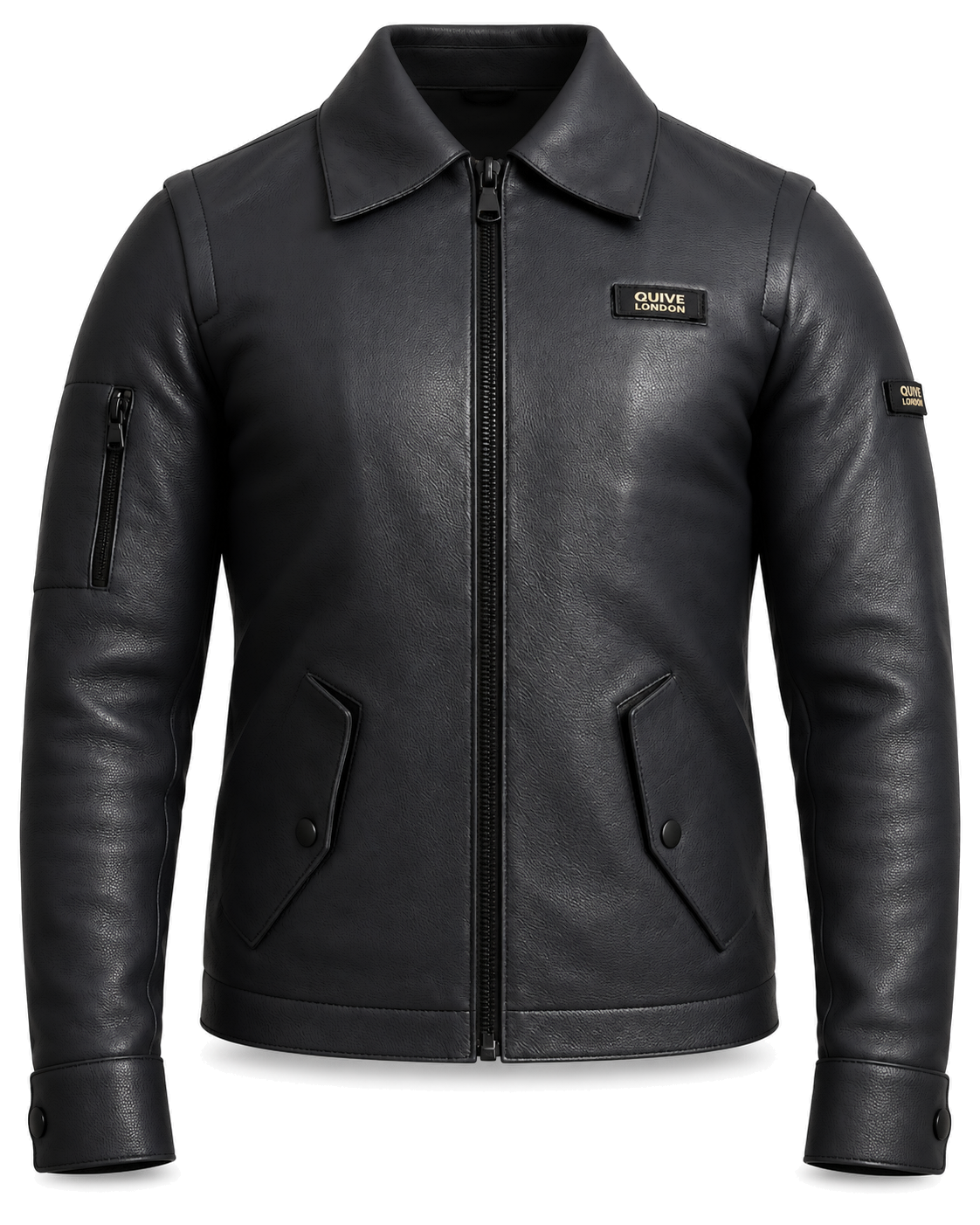 SLOANE men's black full-grain leather utility jacket, front studio view