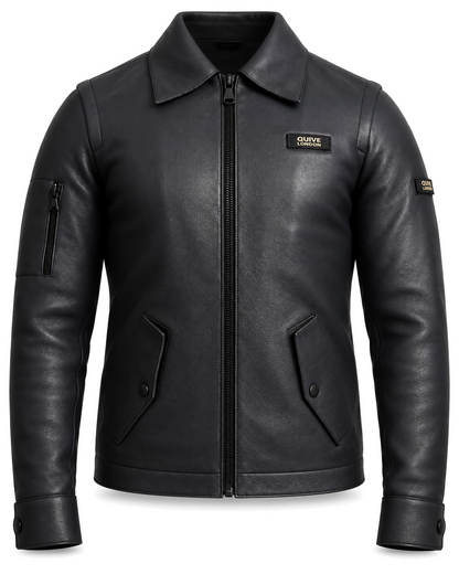 SLOANE men's black full-grain leather utility jacket, front studio view