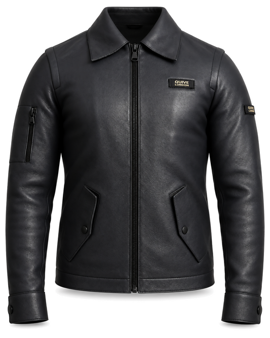 SLOANE men's black full-grain leather utility jacket, front studio view