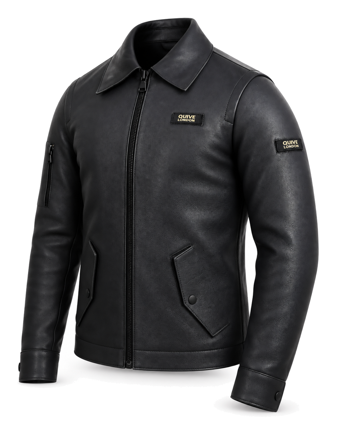 SLOANE men's black leather utility jacket, three-quarter studio view
