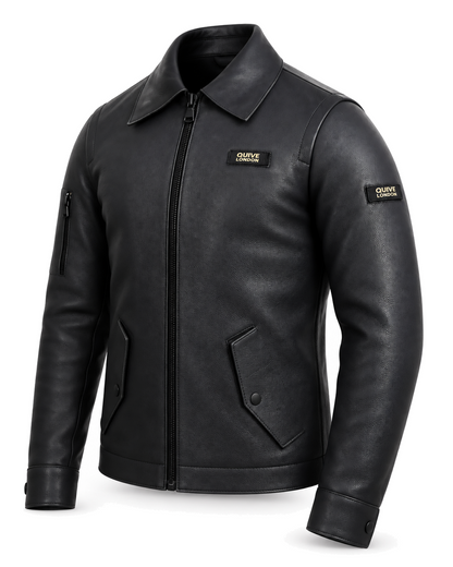 SLOANE men's black leather utility jacket, three-quarter studio view