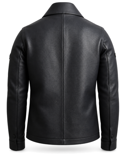 SLOANE men's black full-grain leather jacket, rear studio view