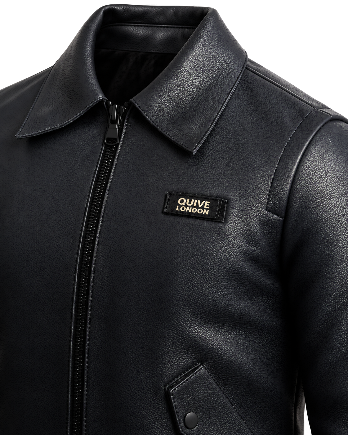 SLOANE black leather jacket collar, zip and QUIVE London badge detail
