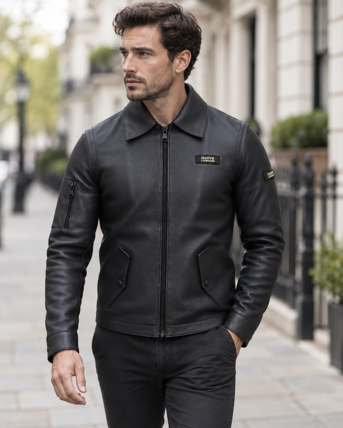Man wearing the SLOANE black leather utility jacket on a London street