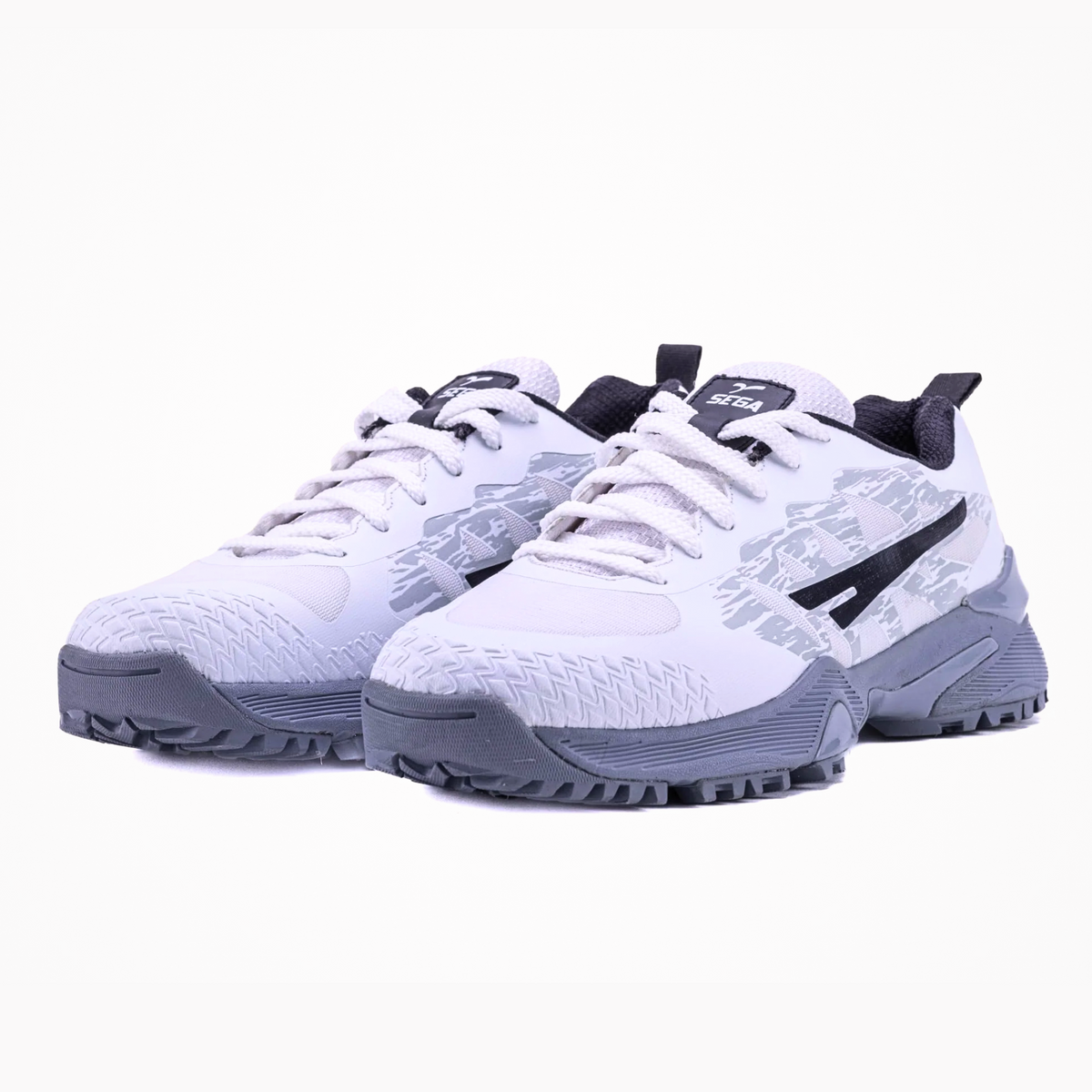 QUIVE SEGA FR 2.0 white cricket shoes, pair in a front three-quarter view