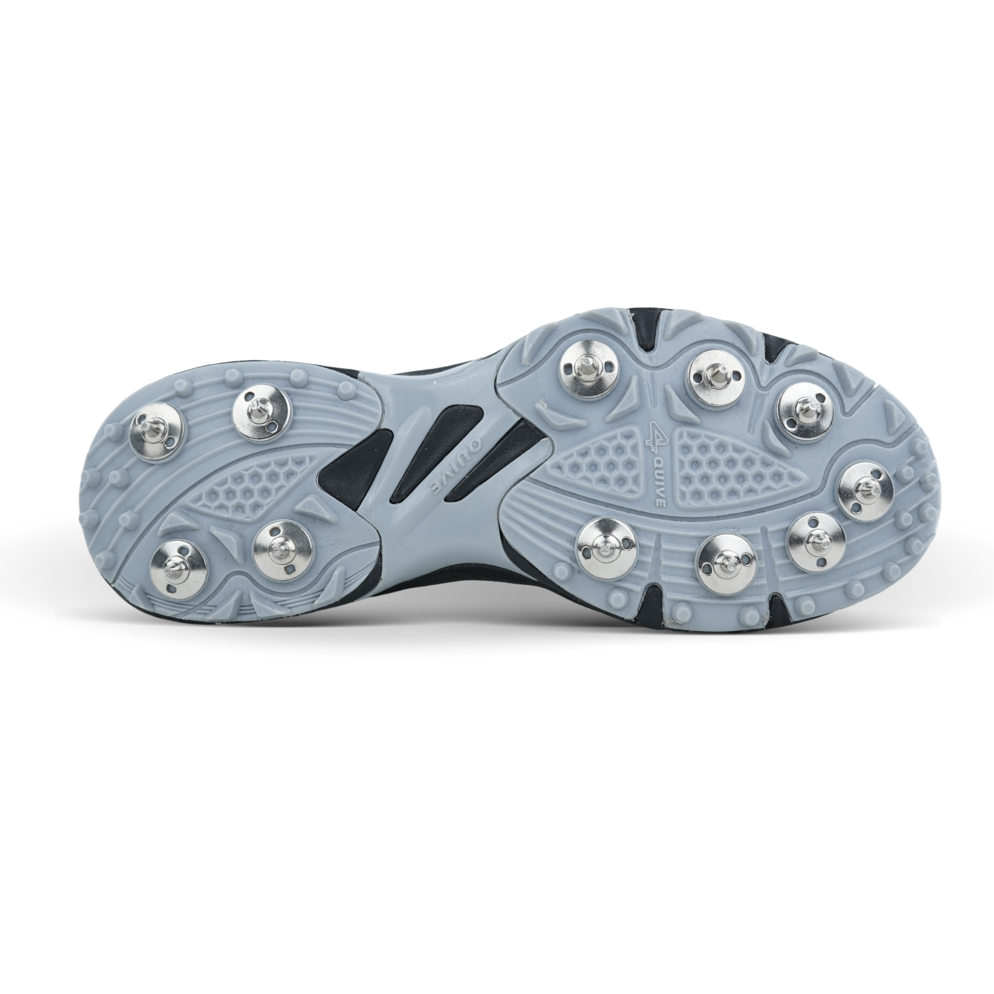 White cricket shoes with blue and black accents on a white background