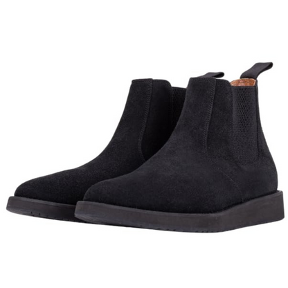Black QUIVE London Mayfair suede Chelsea boots in a front three-quarter view