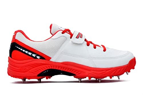 Sega Reach Performance Cricket Shoes Metal Spikes Cricket Boots for Men Grey & Red Sports Training Outdoor Sneakers Optimal Traction Comfortable Fit Shock Absorption Breathability