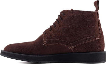 Brown QUIVE London Chester suede chukka boot, left-facing side profile