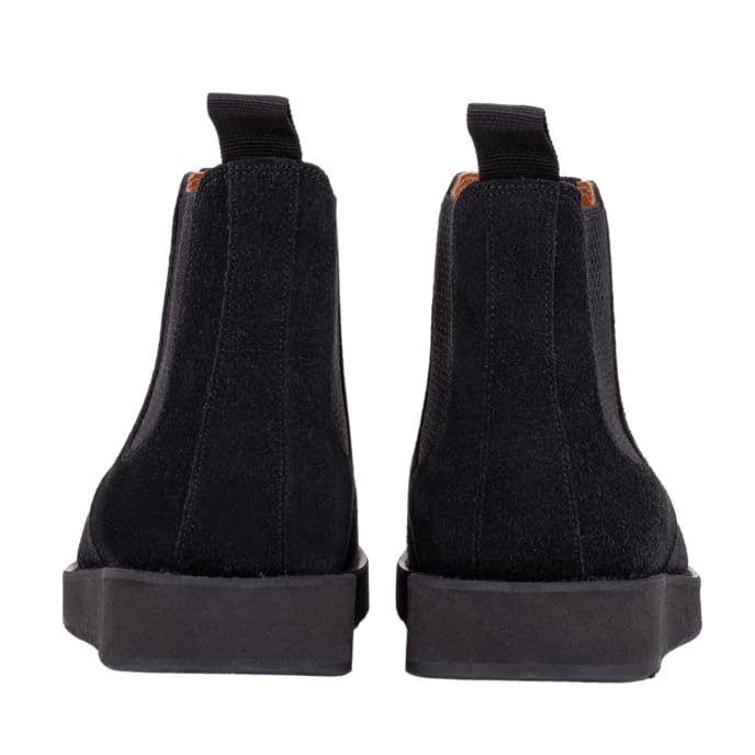 Black QUIVE London Mayfair suede Chelsea boots, heel view